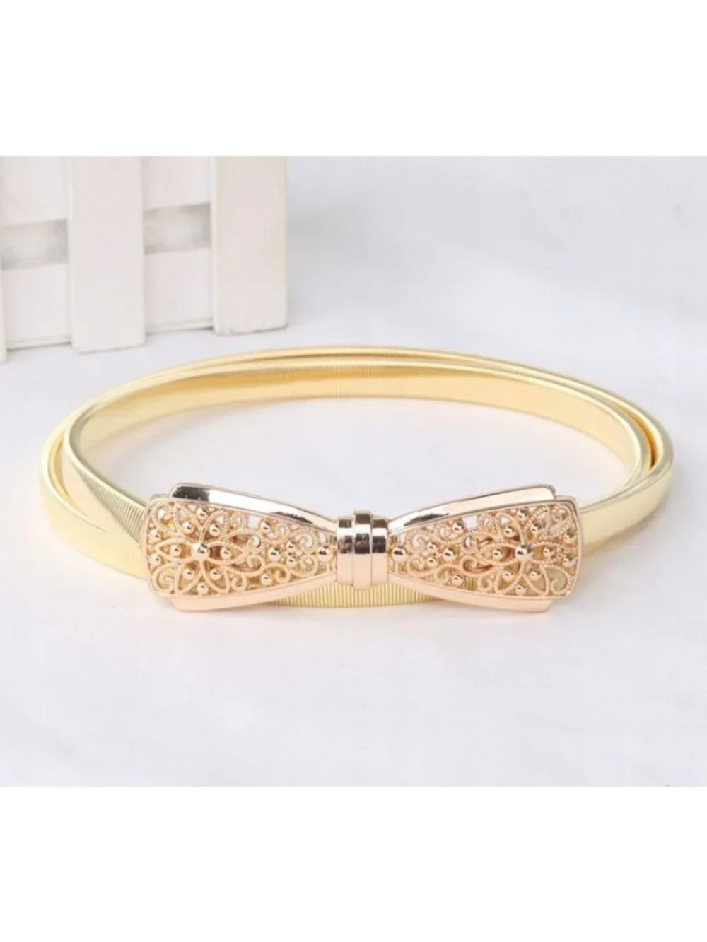 Gold Metal Bow Belt With Skinny Stretchy Waistband